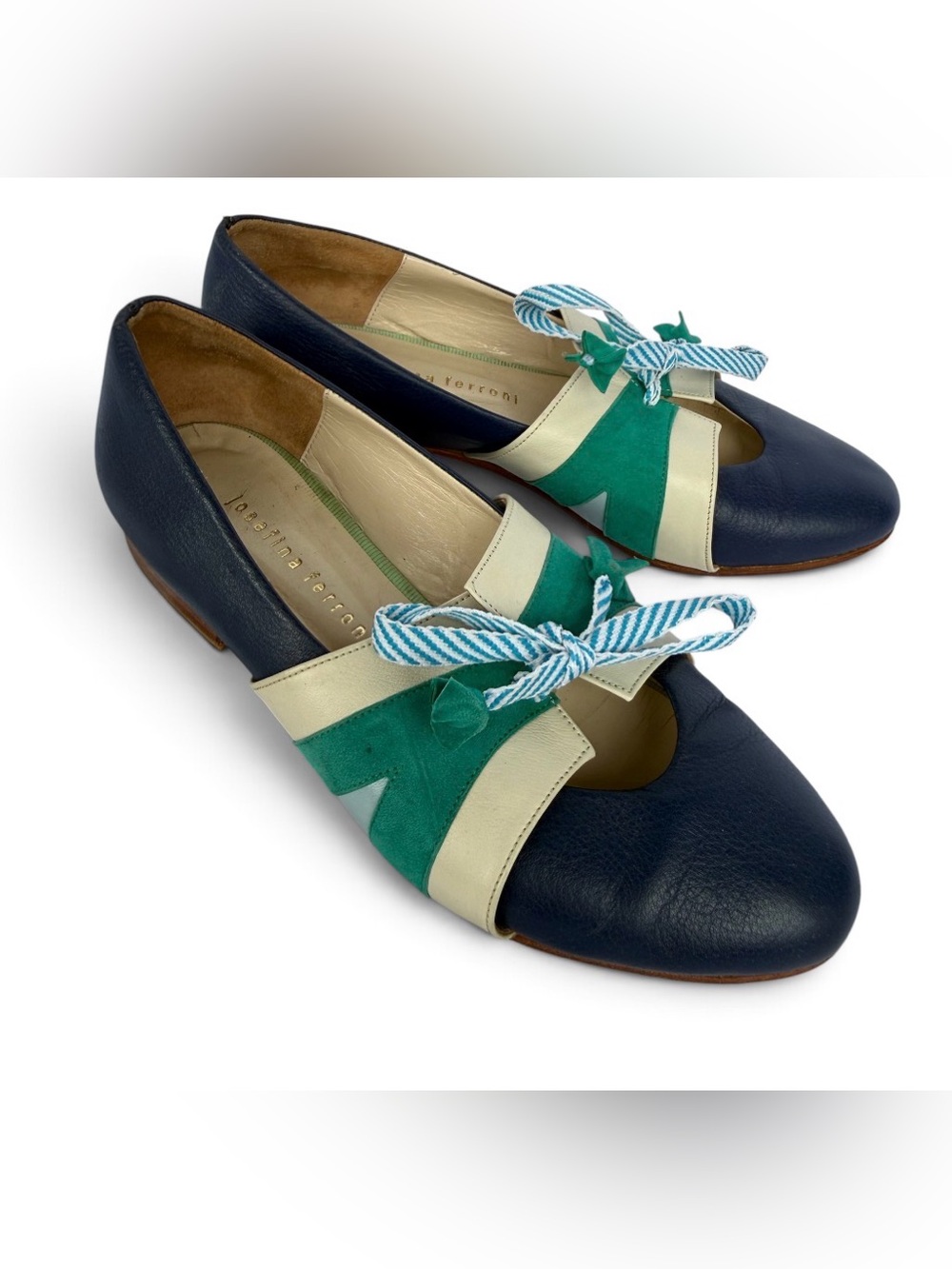 Women's Navy, Green & Cream Leather Flats with Bow Accent